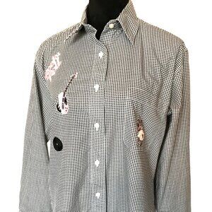 Las Olas Rock & Roll 50s Shirt, Black White Gingham w/ 1950s Appliques Sz Small